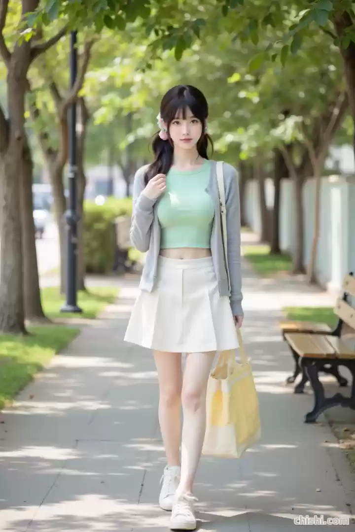 女大学生穿薄荷绿卫衣配A字裙，清纯甜美，元气满满