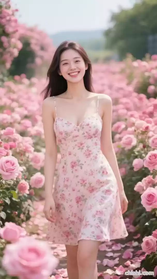 玫瑰园中笑容甜美的碎花裙美人 第2张