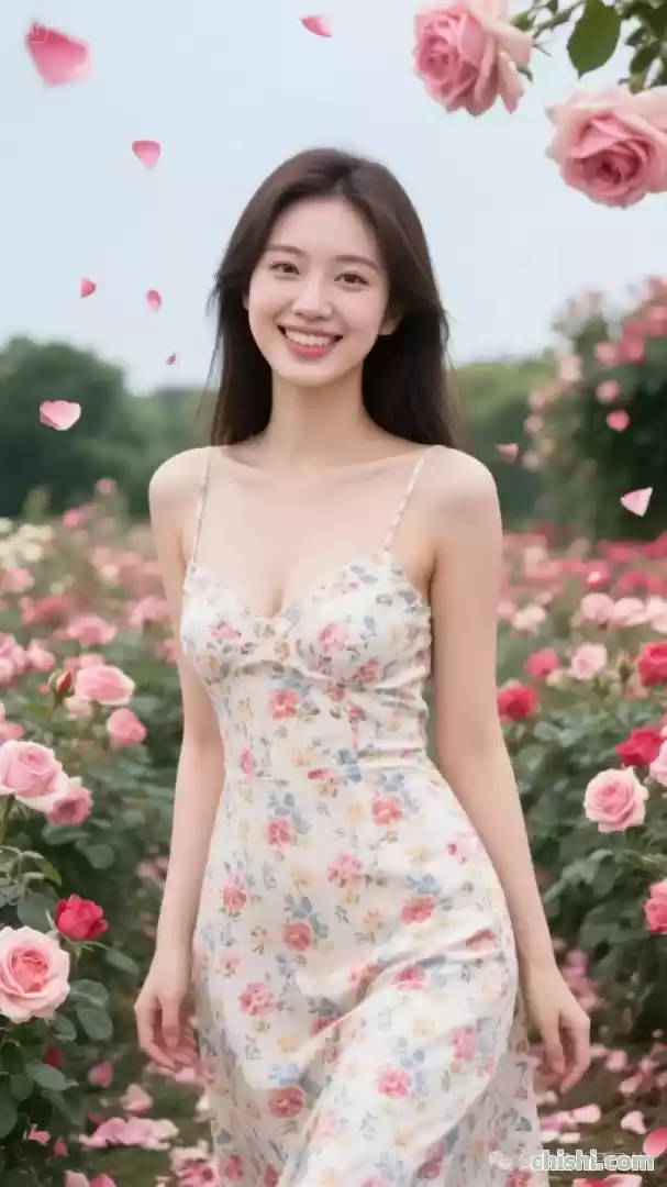 玫瑰园中笑容甜美的碎花裙美人