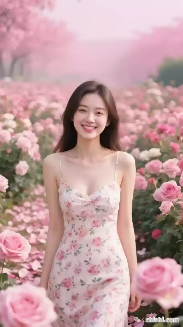 玫瑰园中笑容甜美的碎花裙美人 第4张