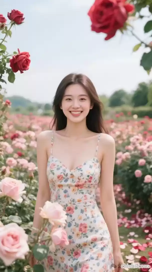 玫瑰园中笑容甜美的碎花裙美人 第6张