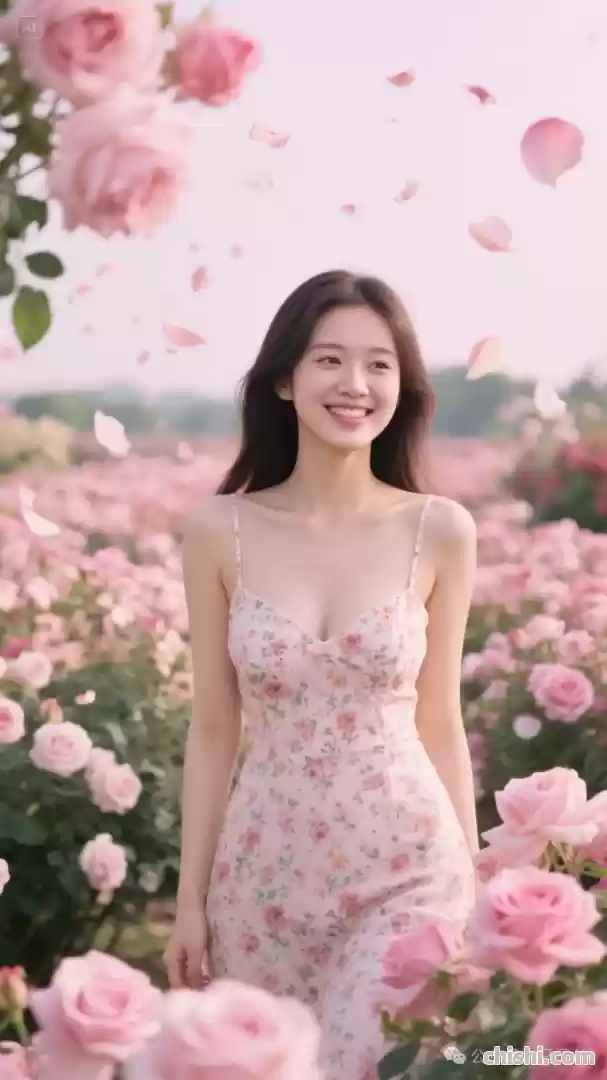 玫瑰园中笑容甜美的碎花裙美人 第5张