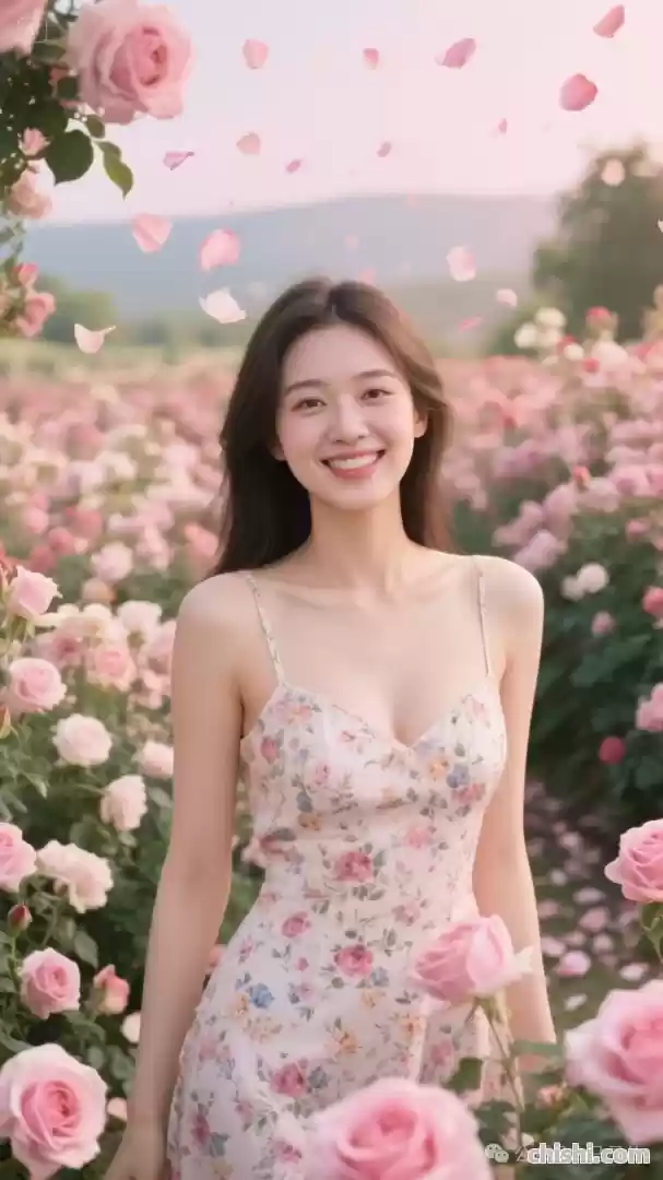 玫瑰园中笑容甜美的碎花裙美人 第7张