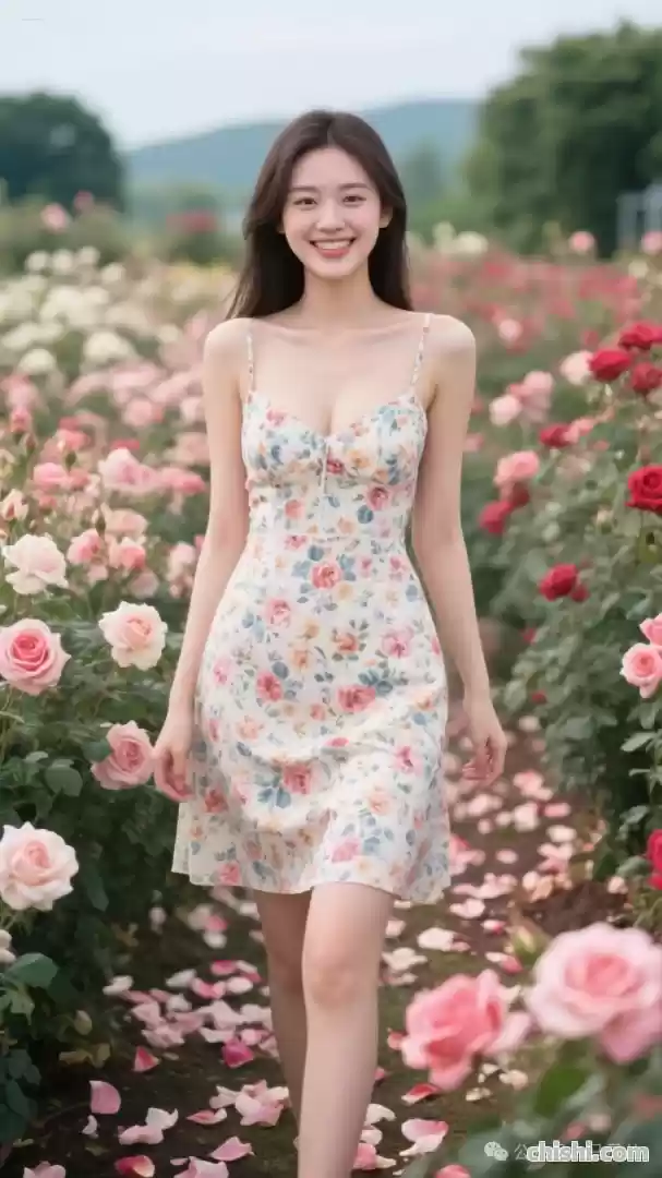 玫瑰园中笑容甜美的碎花裙美人 第9张