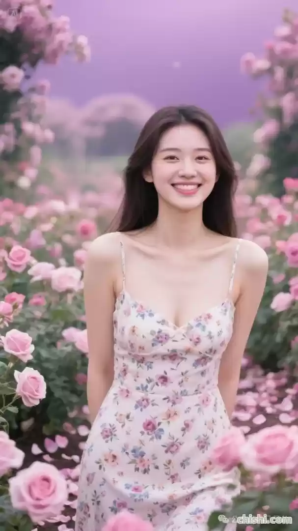 玫瑰园中笑容甜美的碎花裙美人 第8张