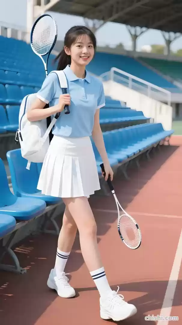 清纯女大学生身着polo衫百褶裙，打网球